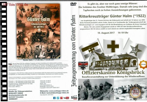 HALM, GÜNTER; DVD 19.8.17 Vortrag im Offizierskasino Königsbrück, Ritterkreuzträger, RKT