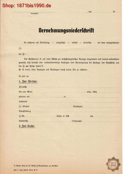 SS Vernehmungsniederschrift, 1 Blatt aus einem Abreißblock, Verhörprotokoll