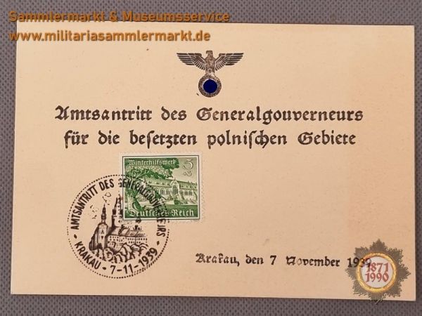 Postkarte, Amtsantritt des Generalgouverneurs für die besetzten polnischen Gebiete, 1939