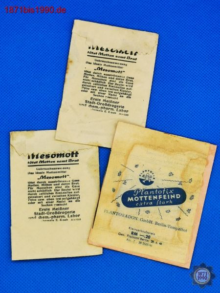 3x Mottenpulver, Plantofix, Mesomott, DEKO, Preisangabe in Reichsark