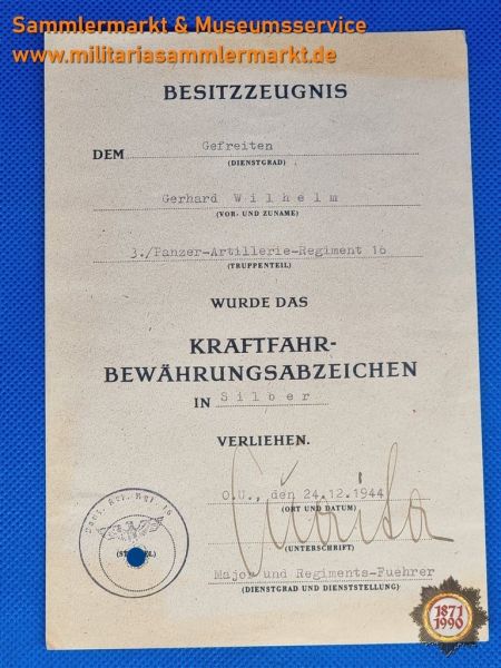 Besitzzeugnis Kraftfahrbewährungsabzeichen, 1944, Unterschrift York GUAITA, DKiG 1.6.1944