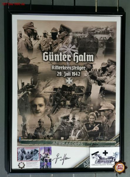 HALM, GÜNTER; 2x Autograph, Ritterkreuzträger, RKT, Ärmelband Afrika, gerahmtes Poster